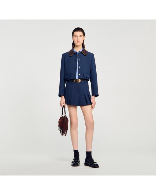 Sandro Blue Cropped Jacket With Leather Collar