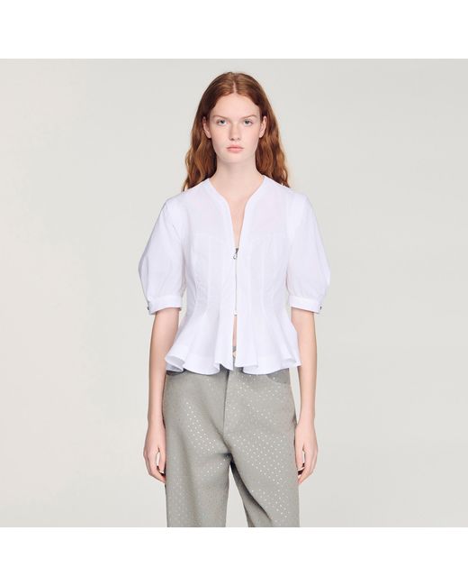 Sandro White Zipped Peplum Shirt