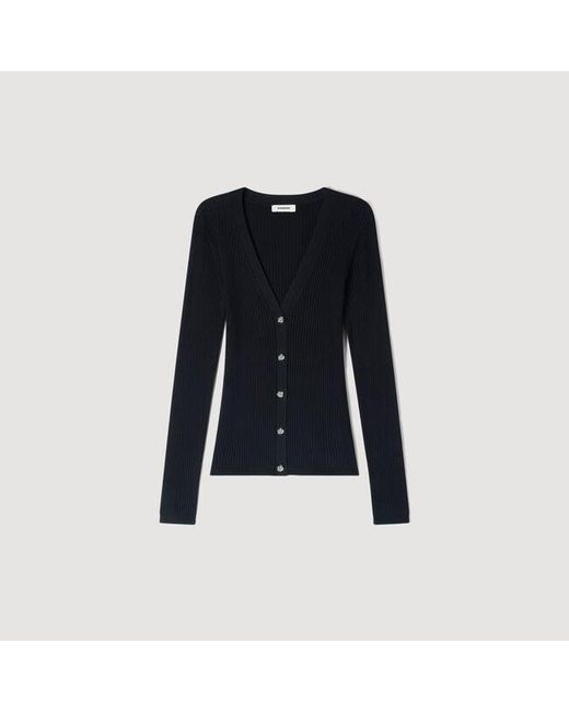 Sandro Black Ribbed Cardigan With Fancy Buttons