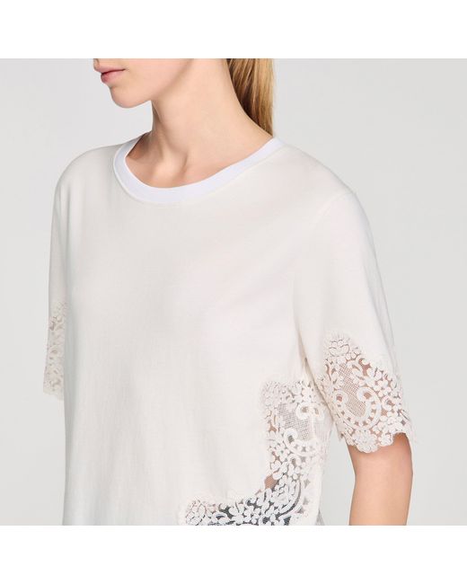Sandro Blue Cotton T-Shirt With Lace Detail