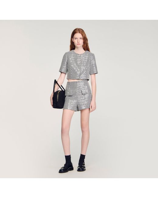 Sandro Black Sequin Houndstooth Tweed Shorts