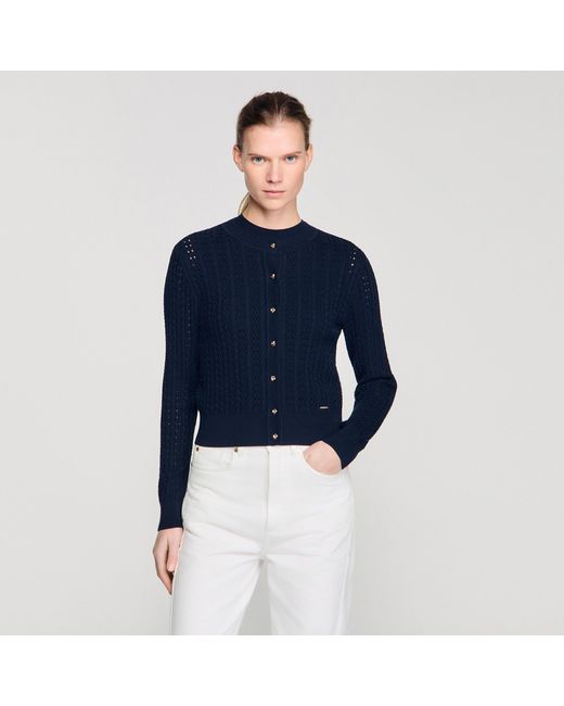 Sandro Blue Cropped Textured Knit Cardigan