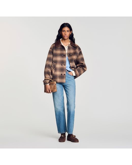 Sandro Blue Check Jacket With Leather Collar