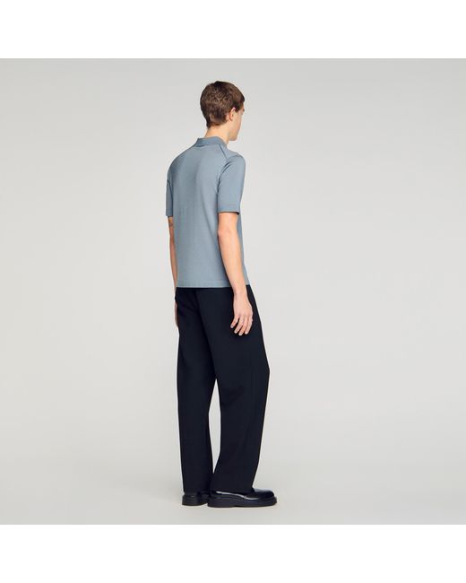 Sandro Blue Knitted Polo Shirt With Zip Collar for men