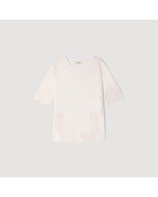 Sandro Blue Cotton T-Shirt With Lace Detail