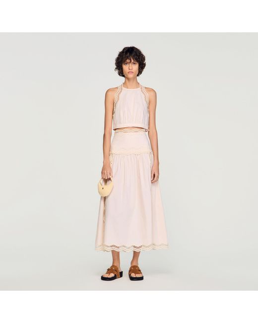 Sandro Pink Cotton Crop Top With Lace Trim