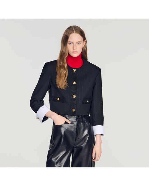Sandro Blue Cropped Striped Wool Jacket