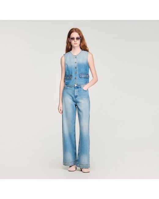 Sandro Blue Straight Rhinestone Cotton Jeans