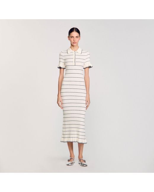 Sandro White Knitted Maxi Dress With Polo Neck