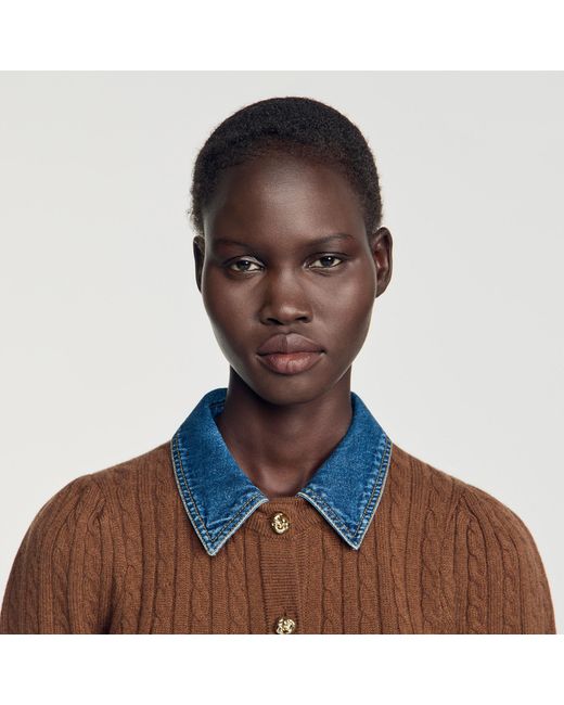 Sandro White Cardigan With Denim Collar