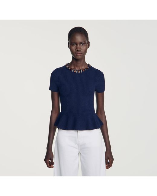 Sandro Blue Peplum Sweater With Rhinestone Neckline