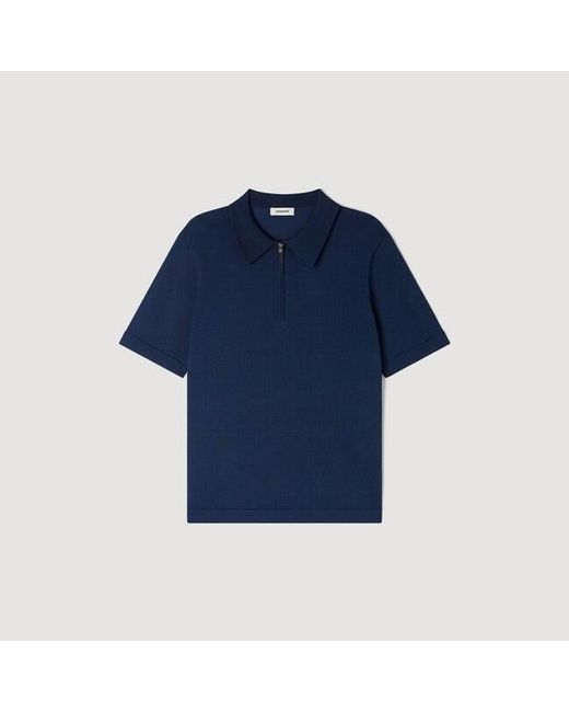 Sandro Blue Knitted Polo Shirt With Zip Collar for men