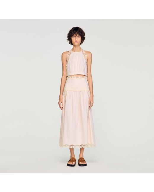 Sandro Pink Cotton Crop Top With Lace Trim