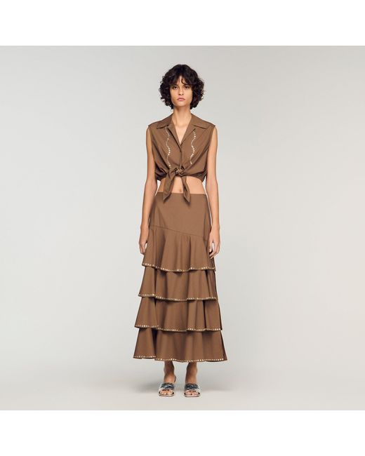 Sandro Brown Long Ruffled Rhinestone Skirt