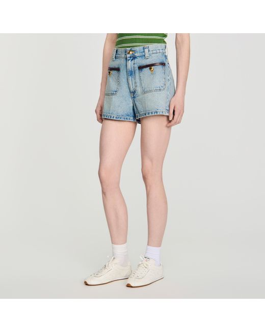 Sandro Blue Denim Shorts With Leather Detail