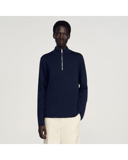 Sandro Blue Wool Jumper With Zip Collar for men