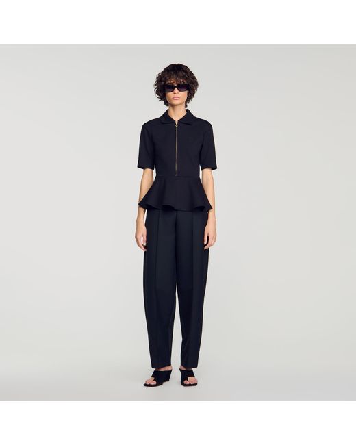 Sandro Blue Peplum T-Shirt With Polo Collar