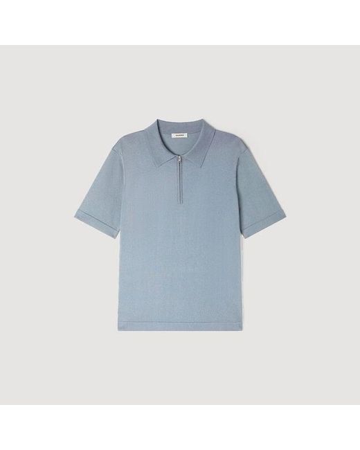 Sandro Blue Knitted Polo Shirt With Zip Collar for men