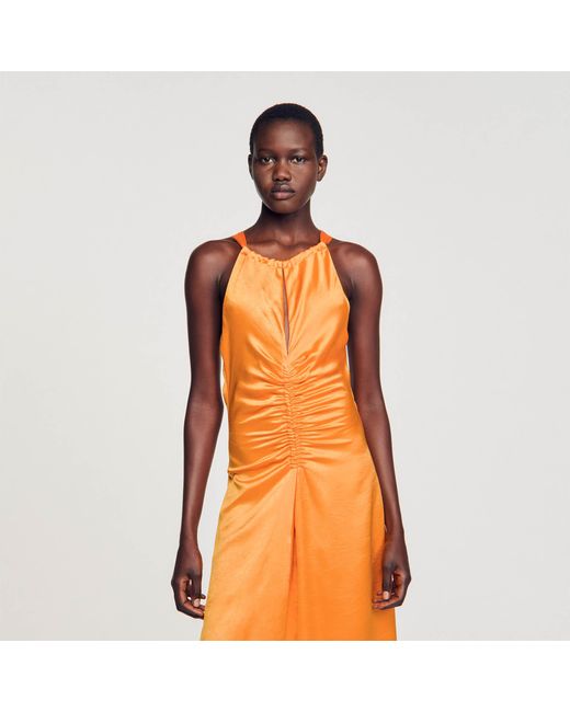Sandro Orange Ruched Satin-Effect Maxi Dress