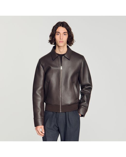 Sandro Black Zip-Up Lambskin Leather Jacket for men