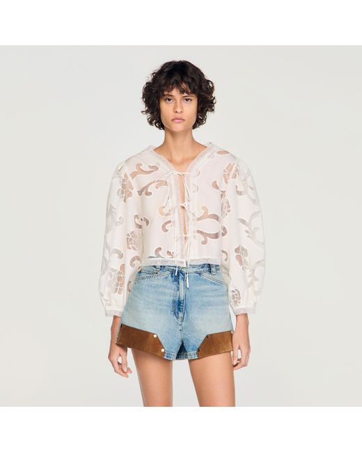 Sandro Blue Floral Openwork Crop Top