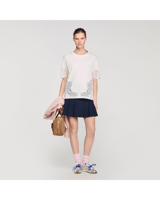 Sandro Blue Cotton T-Shirt With Lace Detail
