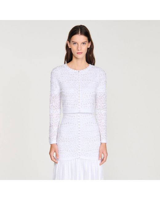 Sandro White Cropped Pearl Cardigan