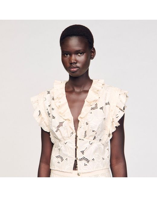 Sandro Natural Embroidered Crop Top