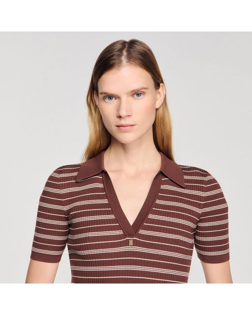 Sandro Natural Striped V-Neck Polo Jumper