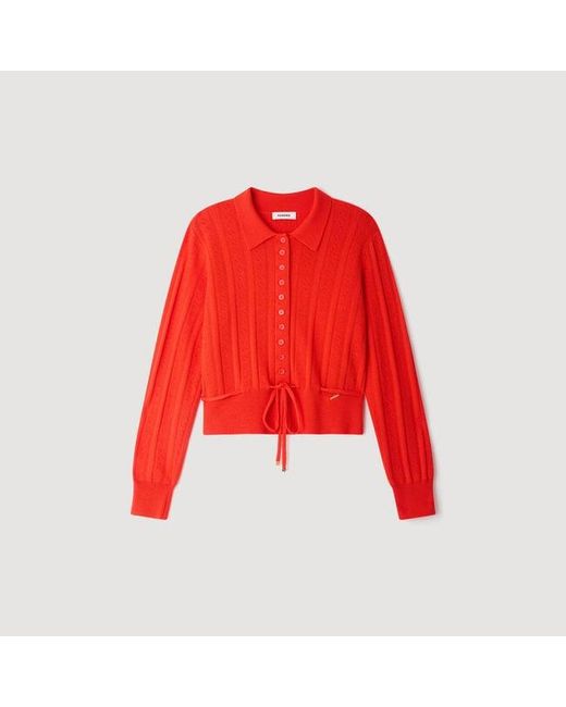 Sandro Red Pointelle Knit Cardigan
