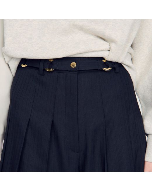 Sandro Blue Long Pleated Wool Shorts