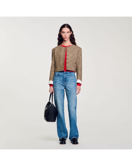 Sandro Blue Short Micro Houndstooth Jacket