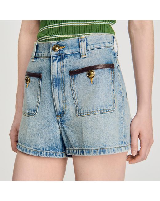 Sandro Blue Denim Shorts With Leather Detail