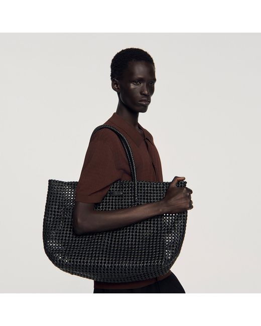 Sandro Black Woven Tote Bag With Patch for men