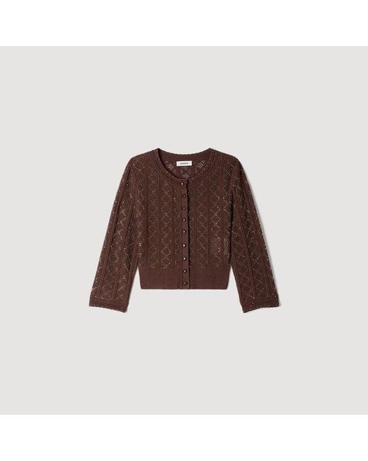 Sandro Brown Cropped Rhinestone Cardigan