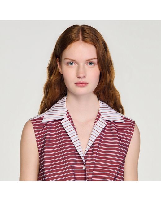 Sandro Red Cropped Striped Cotton Shirt