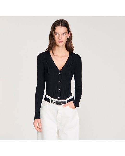 Sandro Black Ribbed Cardigan With Fancy Buttons