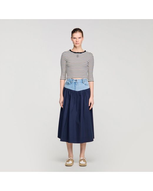 Sandro Blue Short Striped Tee With Pearl Collar