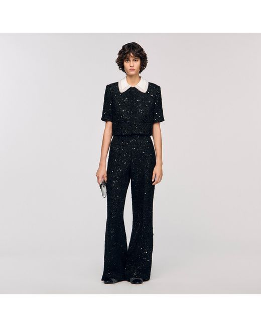 Sandro Black Rhinestone Tweed Trousers