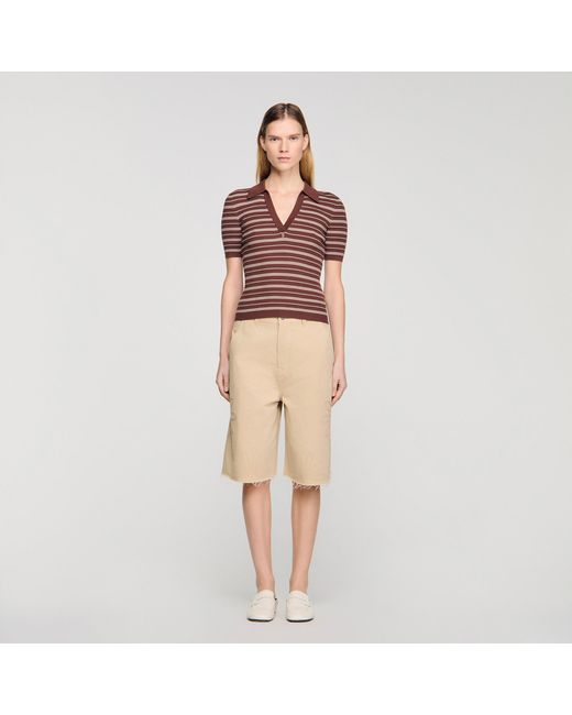 Sandro Natural Striped V-Neck Polo Jumper