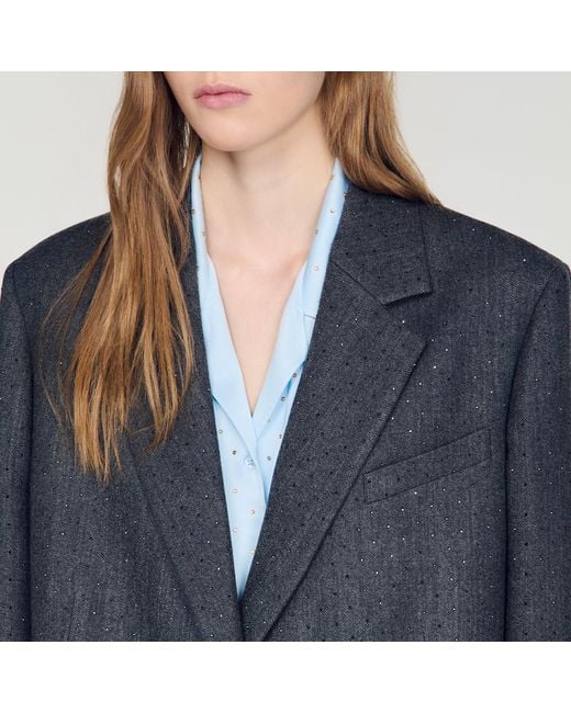 Sandro Blue Long Wool Coat With Rhinestones