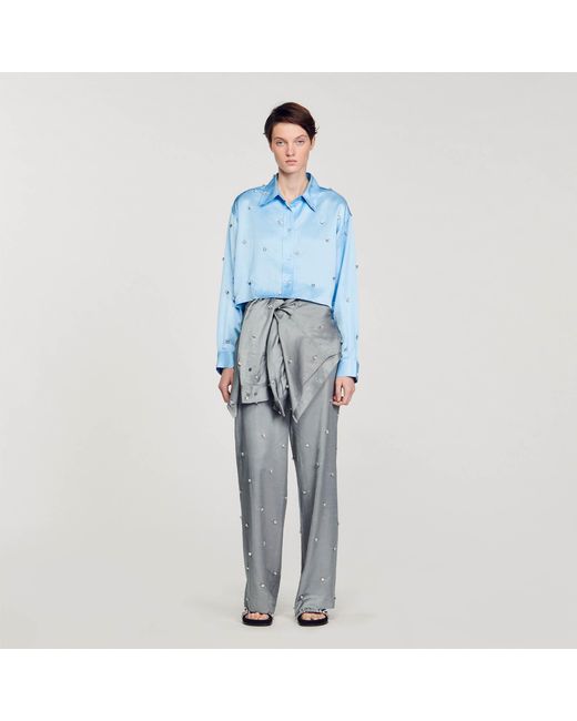 Sandro Blue Satiny Rhinestone Shirt
