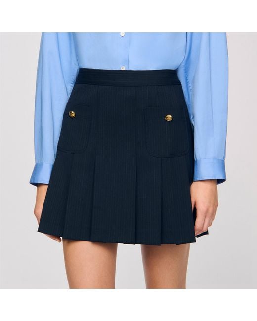 Sandro Blue Short Striped Pleated Skirt