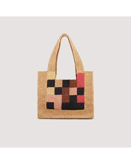 Sandro Multicolor Small Checkerboard Raffia Tote Bag