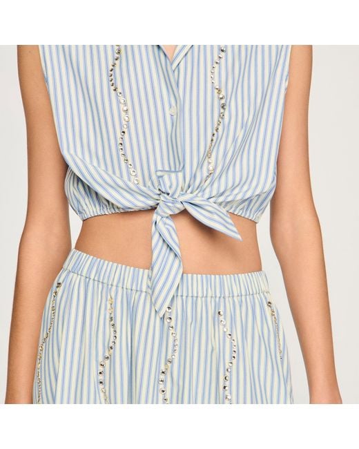 Sandro White Cropped Striped Rhinestone Shirt
