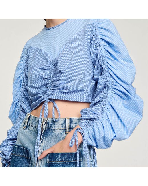 Sandro Blue Patterned Top With Drawstrings