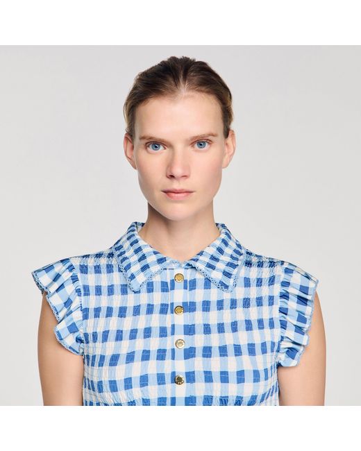 Sandro Blue Check Smocked T-Shirt