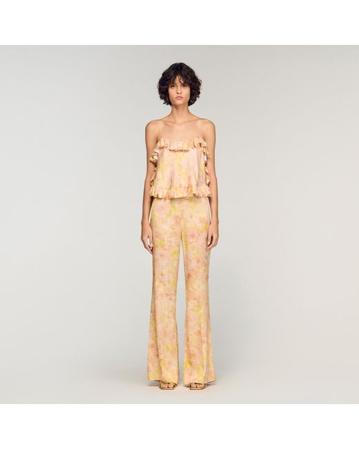 Sandro Natural Floral-Print Floaty Trousers