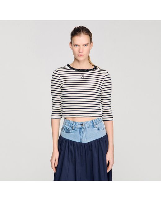 Sandro Blue Short Striped Tee With Pearl Collar