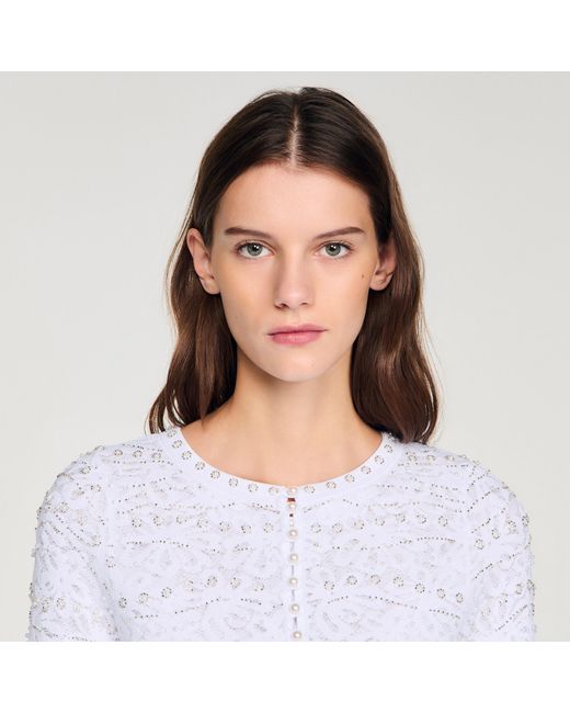 Sandro White Cropped Pearl Cardigan